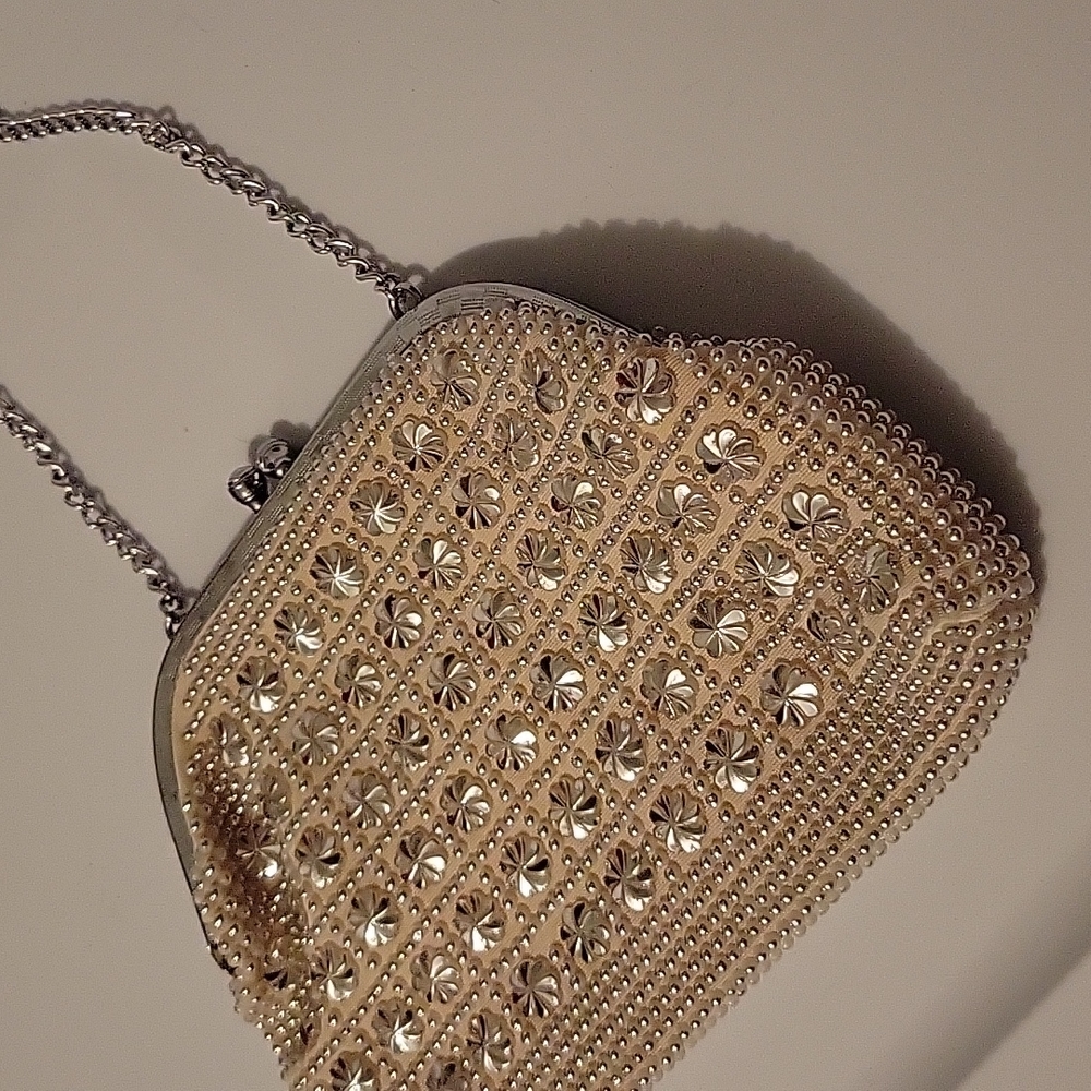 Vintage Cream Clutch with Silver Beads and Wristlet - Picture 2 of 10